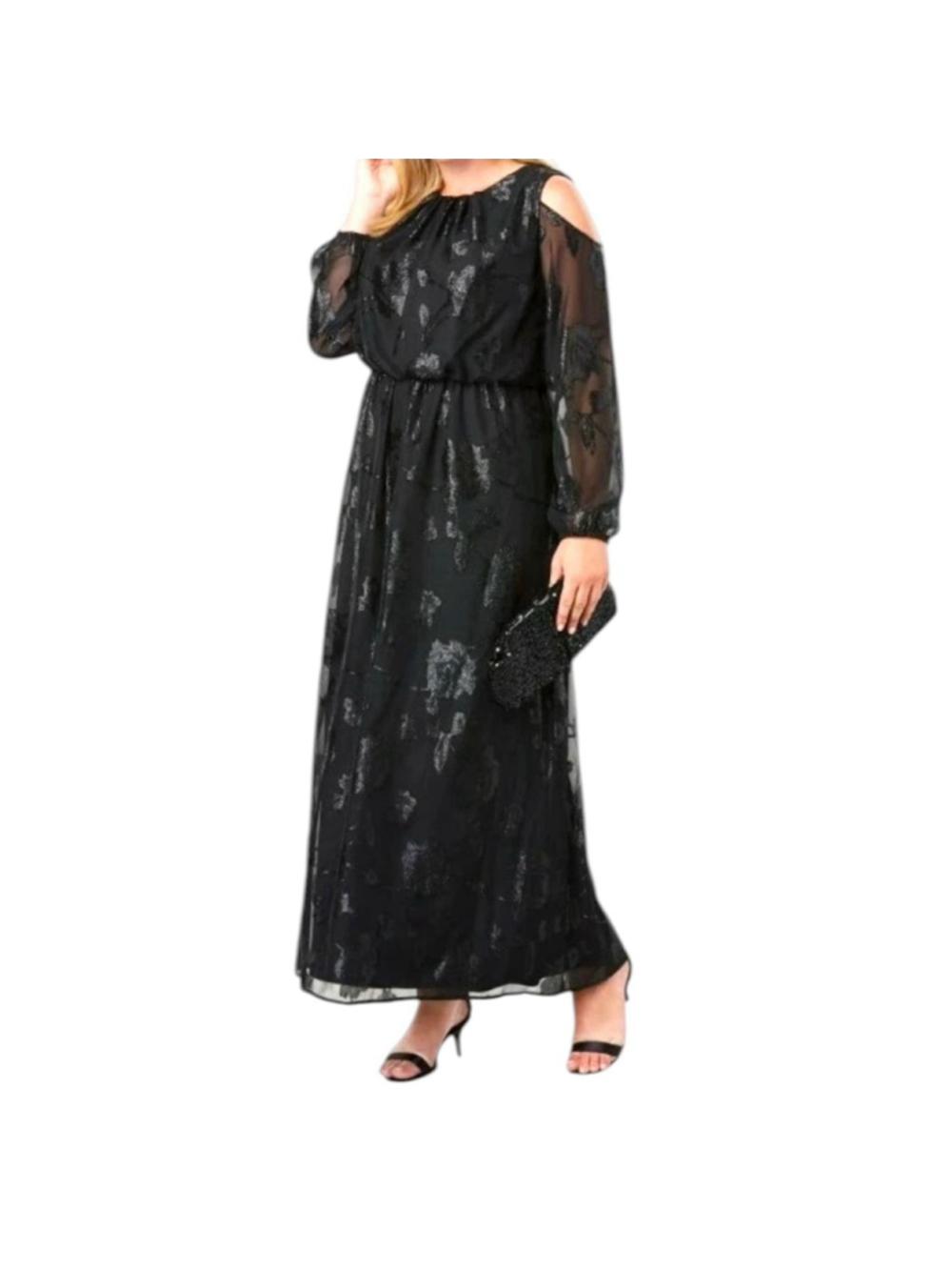 Jessica London Womens Size 14W Maxi Dress Floral Burnout Cold Shoulder Black